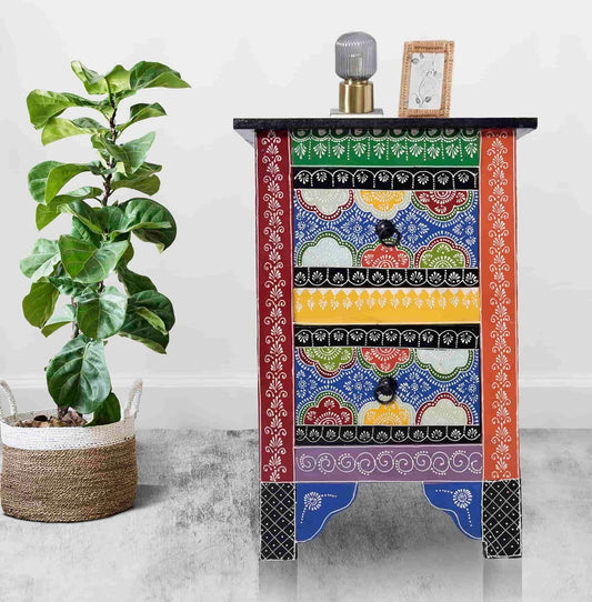 Solid Wood Hand-Painted Bedside Table | End Table for Bedroom & Living Room Furniture (Multicolour)