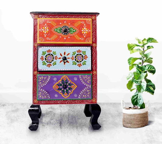 Wooden Table Hand-Painted Solid Wood Bedside Table | Nightstand | End Table for Bedroom & Living Room Furniture(Multicolour)