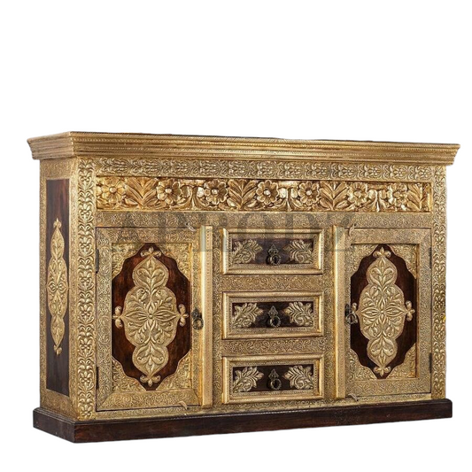 Wooden Brass Fitted Multipurpose Sideboard Storage Cabinet for Home (Multicolor)