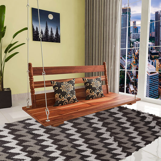 3 Seater Swing Brass Coated Wooden Jhula for Indoor Outdoor & Balcony | House Swings for Adults (52 Inches)