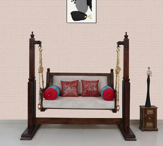 2 Seater Swing Wooden Jhula with Stand and Porchfor Indoor Outdoor & Balcony | House Swings for Adults (Walnut Finish)