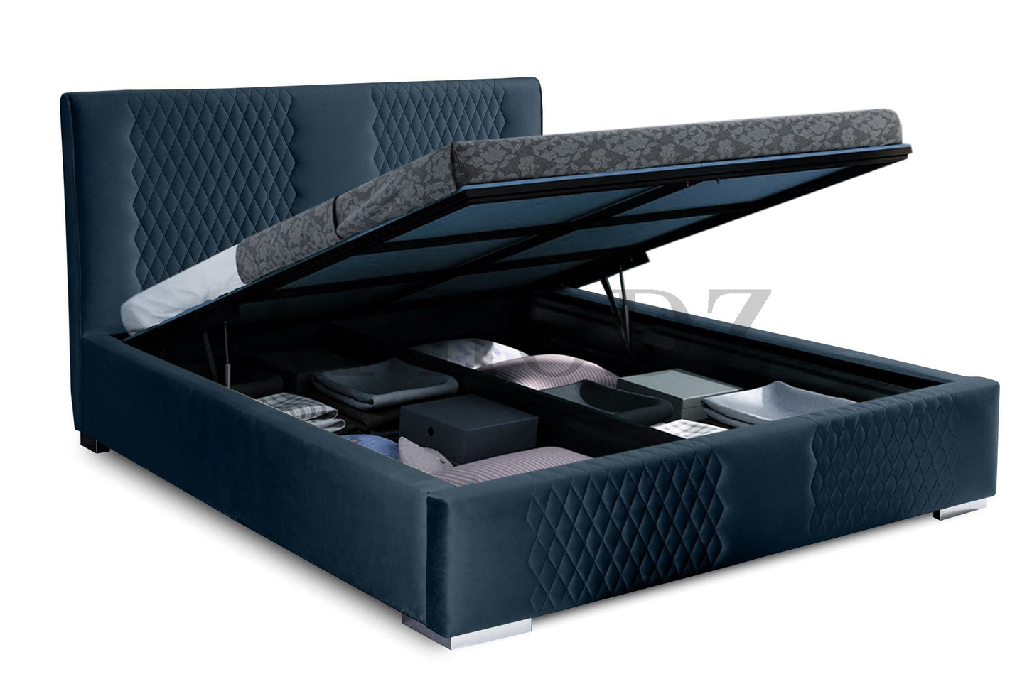 Velvet Upholstered King Size Bed with Hydraulic Storage