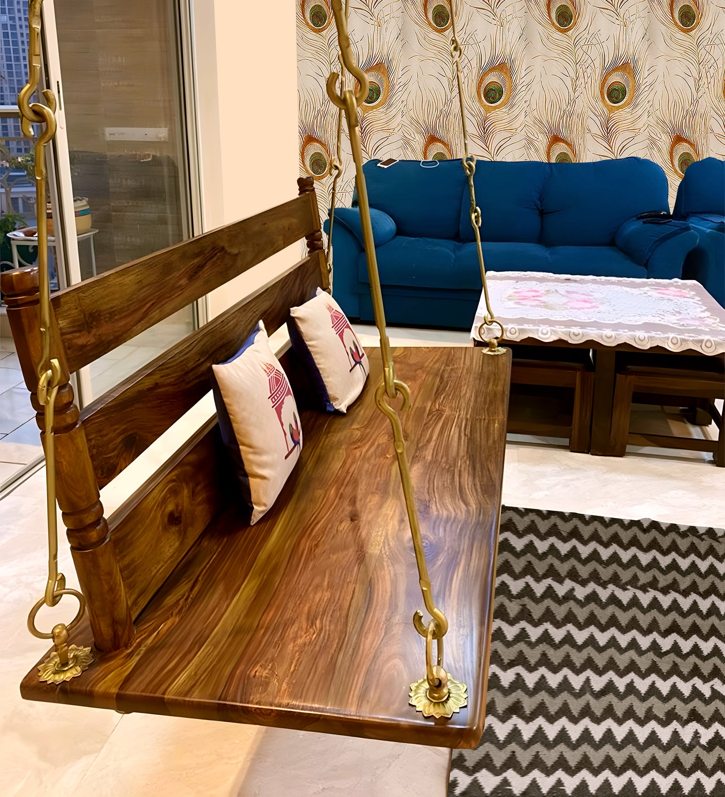 3 Seater Swing Brass Coated Wooden Jhula for Indoor Outdoor & Balcony | House Swings for Adults (52 Inches)