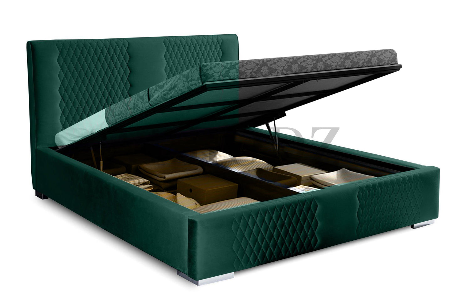 Velvet Upholstered King Size Bed with Hydraulic Storage