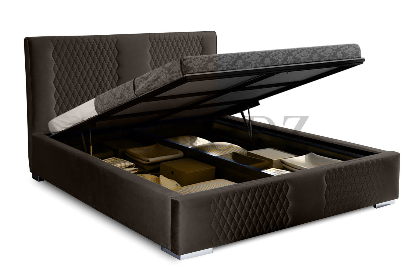 Velvet Upholstered King Size Bed with Hydraulic Storage