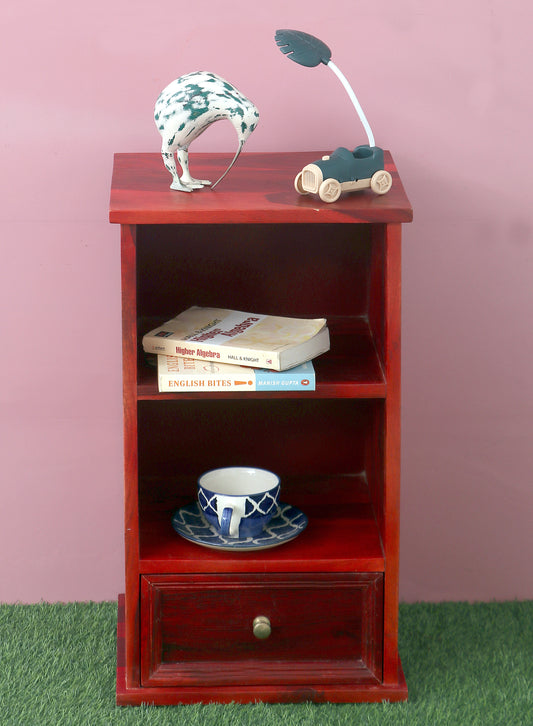 Solid Sheesham Wood Stolik 2 Open Shelves & 1 Drawer Bedside Table for Bedroom & Living Room (Rosewood Finish)