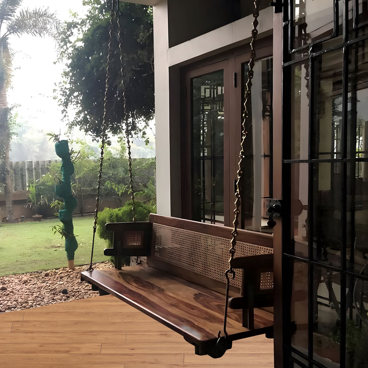 Reversible Wooden Swing Jhula with Brass Chainfor Indoor Outdoor & Balcony | House Swings for Adults (52 Inches, Honey Finish)