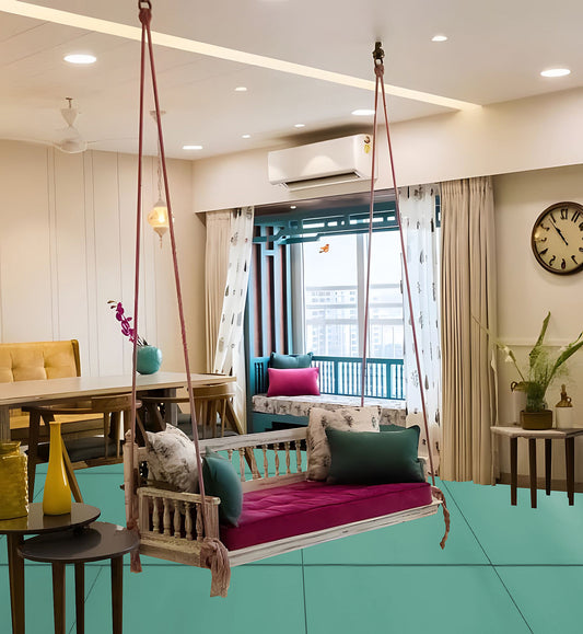 3 Seater Swing Wooden Jhula for Indoor Outdoor & Balcony | House Swings for Adults (White)