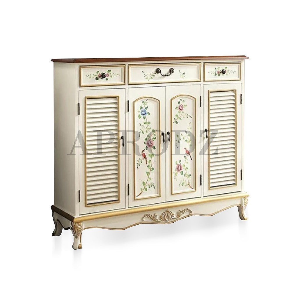 Wooden Handpainted Shoe Cabinet with Drawer Storage (White + Brown Finish)