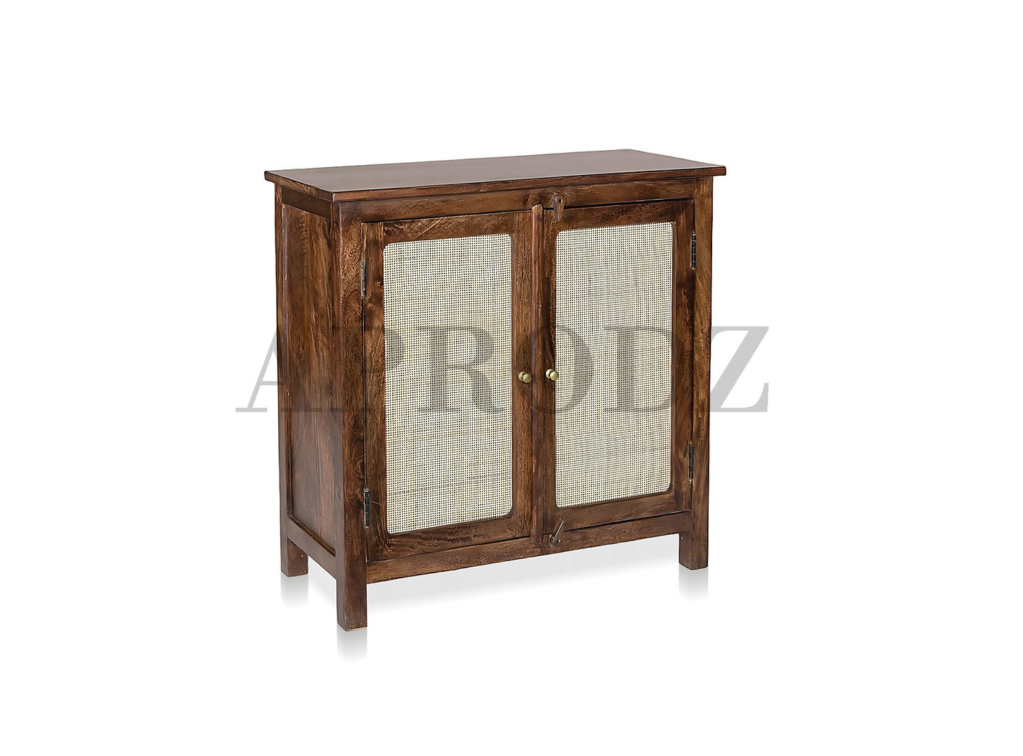 2 Door Cabinet with Wicker Front 2 Shelves | Mango Wood Storage Organizer | Rustic Durable Stylish Wooden Furniture | Compact Design Home Decor