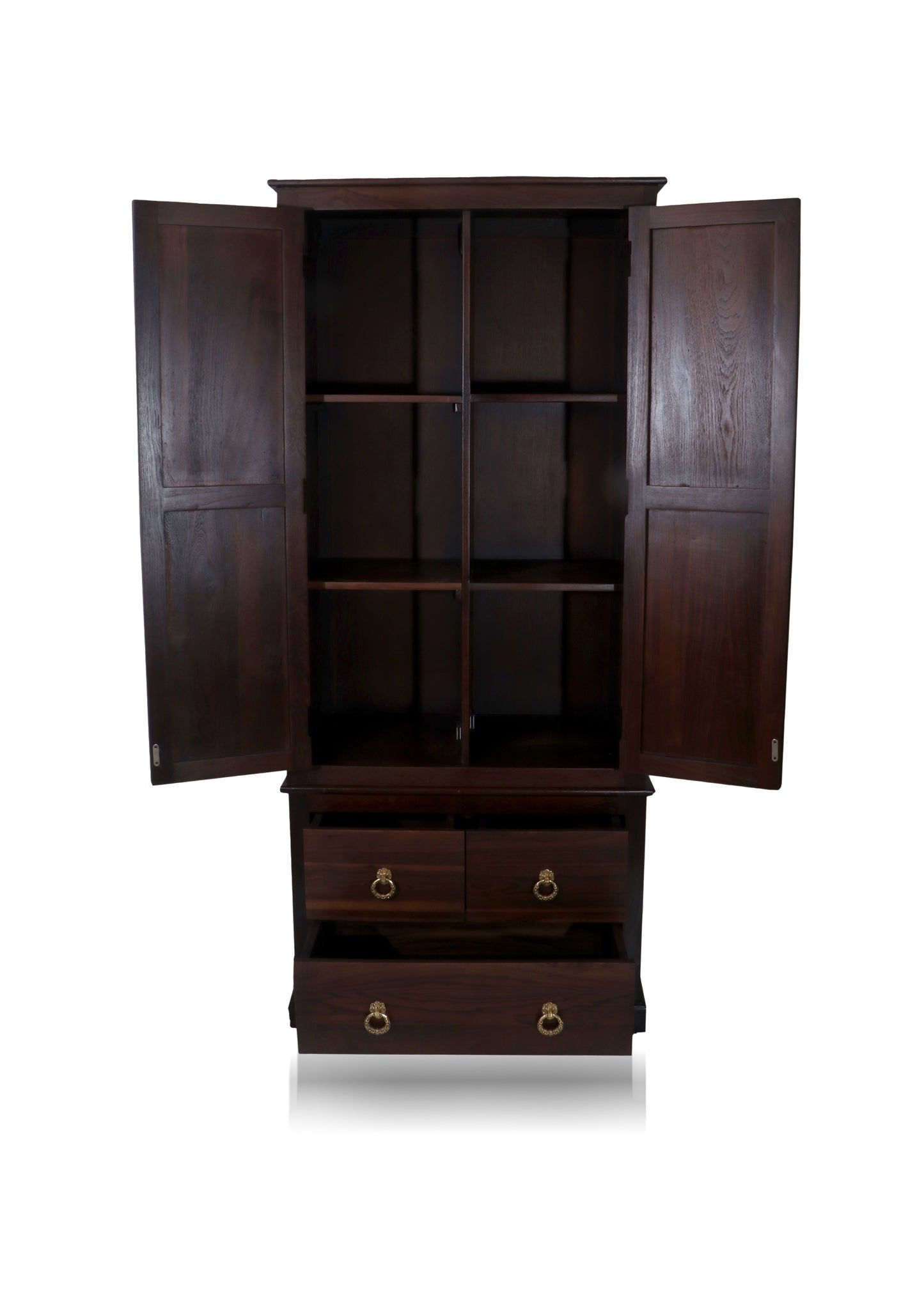 Solid Teak Wood 2-Door Wardrobe with Hanging Rod and Shelves | Premium Wooden Almirah for Bedroom | Natural Finish | Durable & Spacious Storage Cabinet