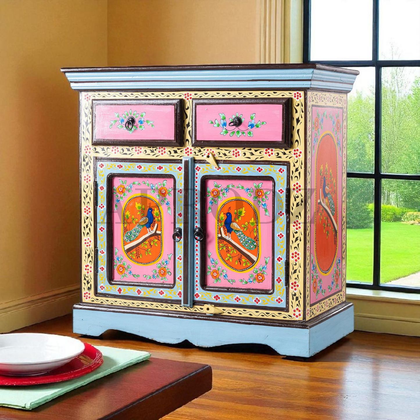 Wooden Handpainted Storage Cabinet with 2 Drawer (Multicolor)