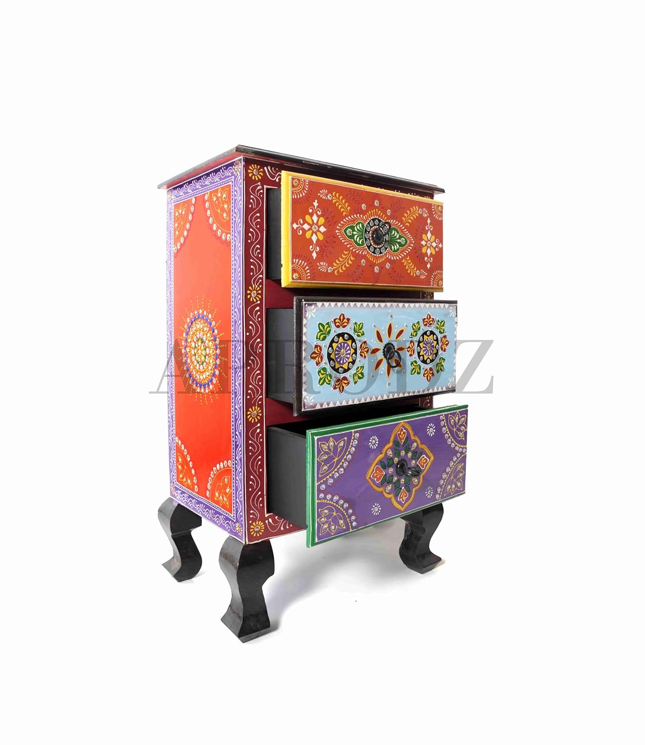 Wooden Table Hand-Painted Solid Wood Bedside Table | Nightstand | End Table for Bedroom & Living Room Furniture(Multicolour)