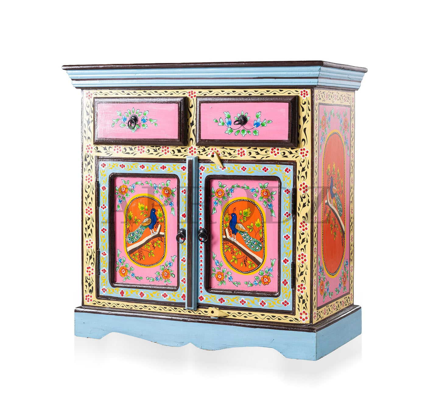 Wooden Handpainted Storage Cabinet with 2 Drawer (Multicolor)