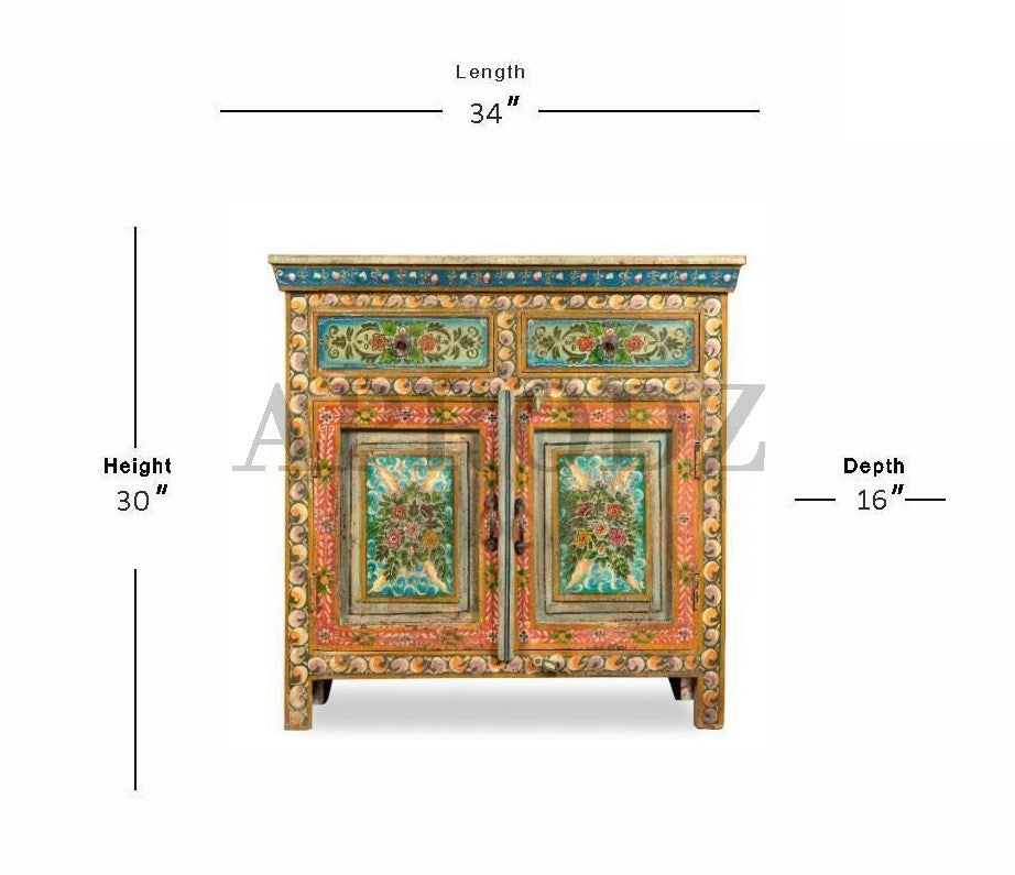 Wooden Handpainted Antique Cabinet with Door and Drawer Storage for Living Room (Multicolor)