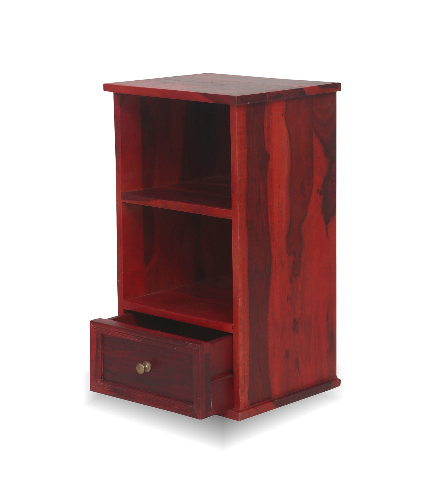 Solid Sheesham Wood Stolik 2 Open Shelves & 1 Drawer Bedside Table for Bedroom & Living Room (Rosewood Finish)
