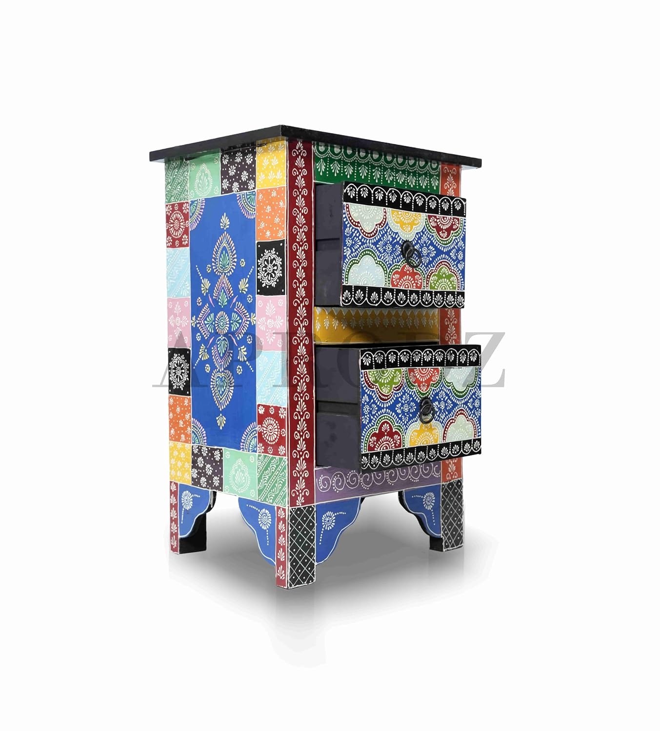 Solid Wood Hand-Painted Bedside Table | End Table for Bedroom & Living Room Furniture (Multicolour)
