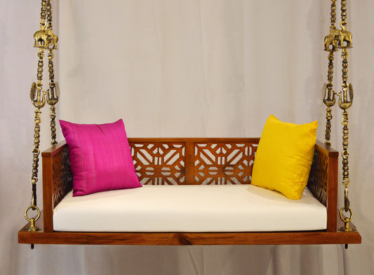 Swing Wooden Jhula with Brass Coated Chainfor Indoor Outdoor & Balcony | House Swings for Adults (Walnut Finish)