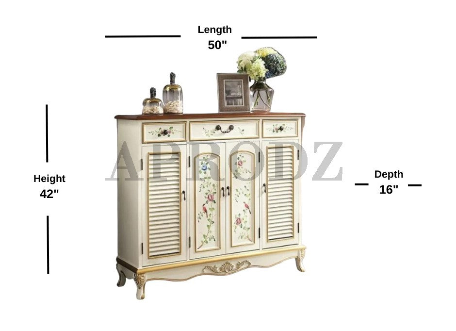 Wooden Handpainted Shoe Cabinet with Drawer Storage (White + Brown Finish)