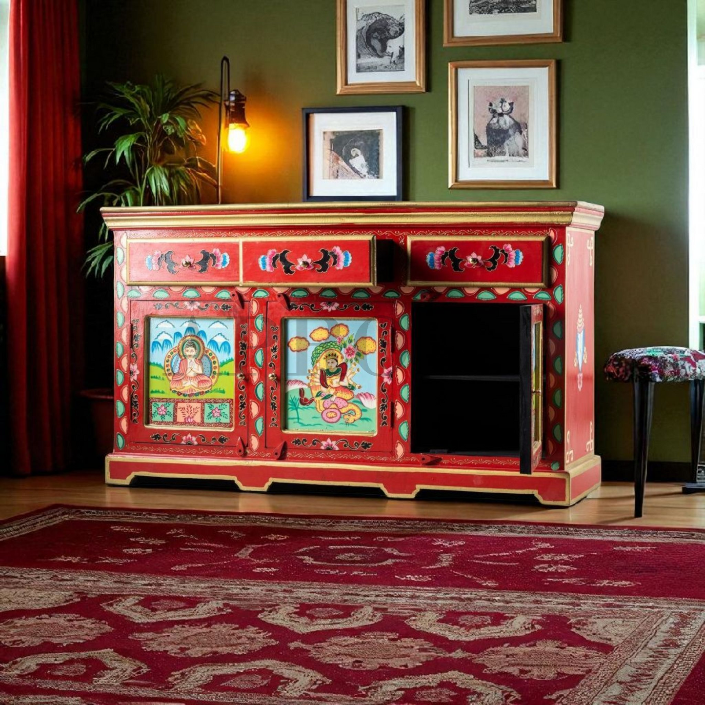 Wooden Handpainted Multipurpose Sideboard Storage Cabinet for Home (Multicolor)