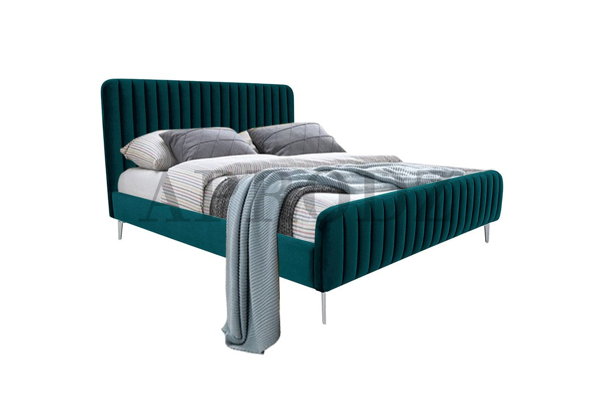 Fluted Velvet Upholstered bed with Metal Feet