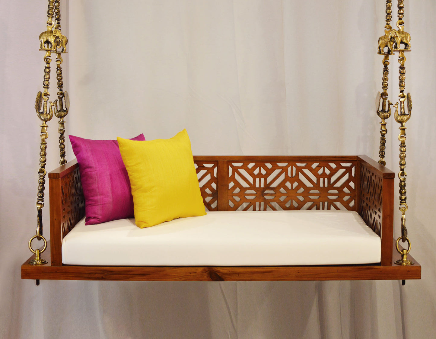 Swing Wooden Jhula with Brass Coated Chainfor Indoor Outdoor & Balcony | House Swings for Adults (Walnut Finish)