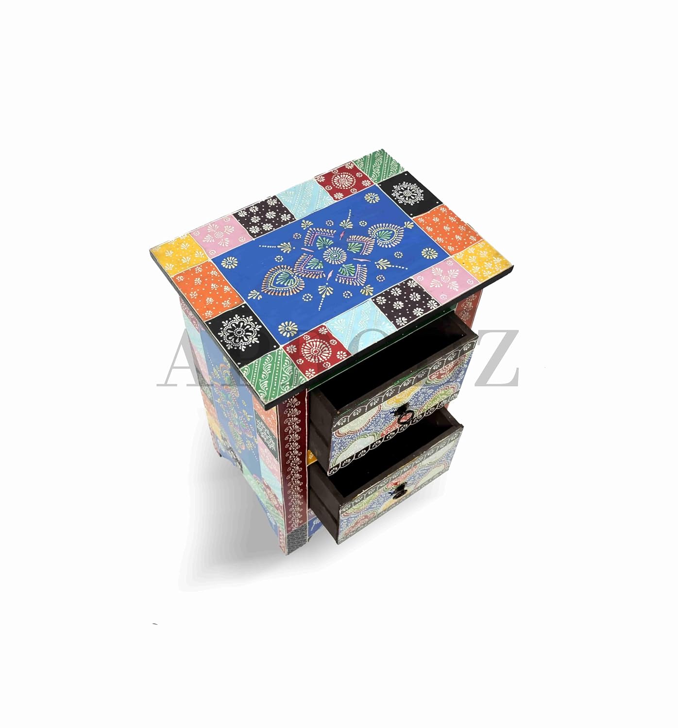 Solid Wood Hand-Painted Bedside Table | End Table for Bedroom & Living Room Furniture (Multicolour)