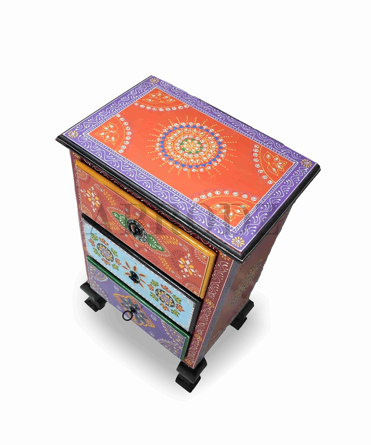 Wooden Table Hand-Painted Solid Wood Bedside Table | Nightstand | End Table for Bedroom & Living Room Furniture(Multicolour)
