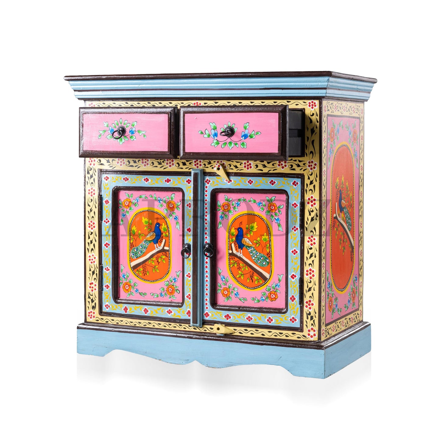 Wooden Handpainted Storage Cabinet with 2 Drawer (Multicolor)