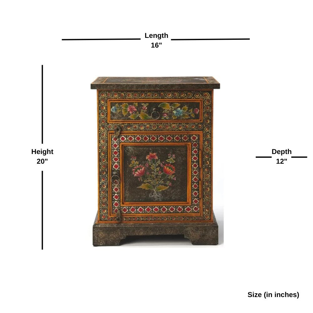 Wooden Handpainted Side Table with Door & Drawer Storage Portable Bedside End Table (Multicolor)