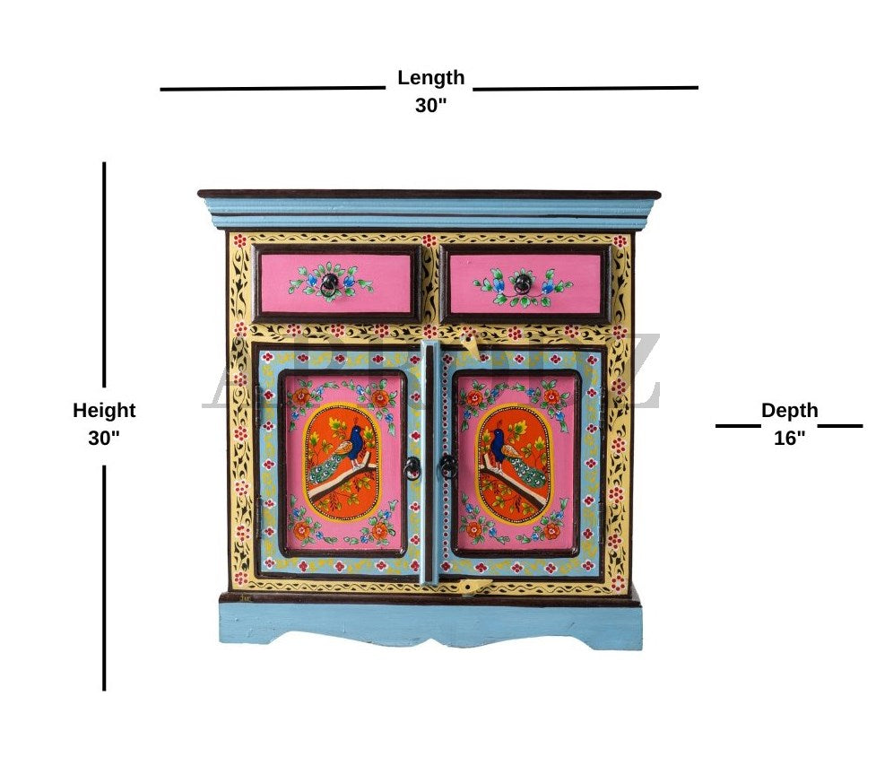 Wooden Handpainted Storage Cabinet with 2 Drawer (Multicolor)