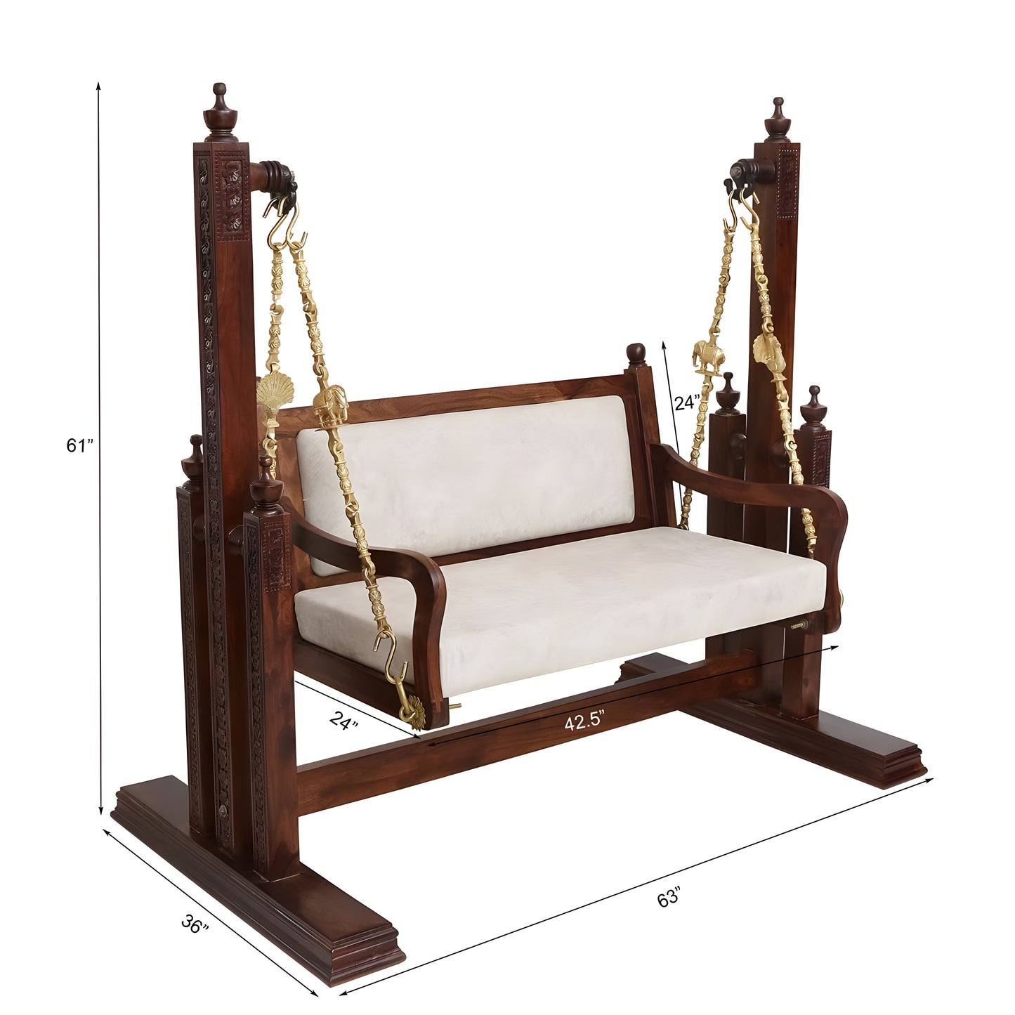 2 Seater Swing Wooden Jhula with Stand and Porchfor Indoor Outdoor & Balcony | House Swings for Adults (Walnut Finish)