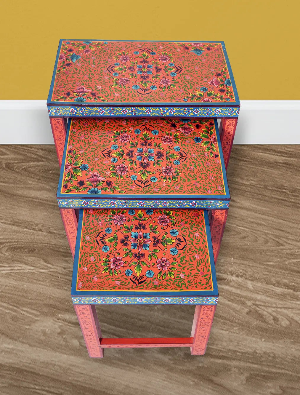 Wooden Nesting Table Set of 3 Stools Portable Bedside End Table for Living Room Furniture (Multicolor)