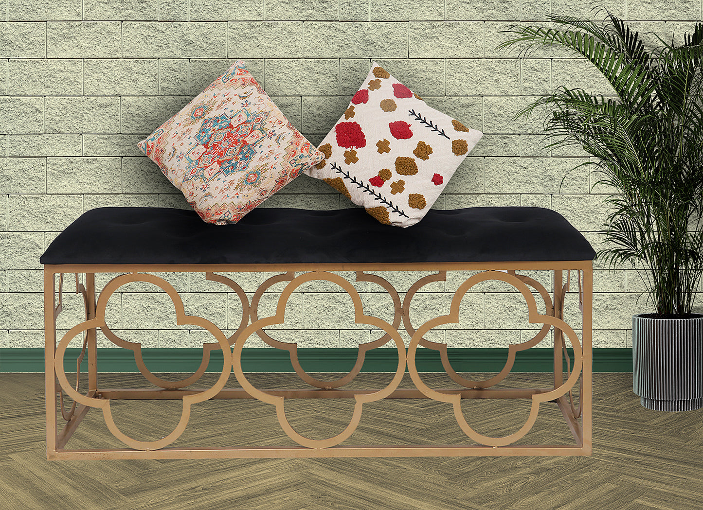 Entryway Bench Black Velvet and Metal (Metal - Gold)