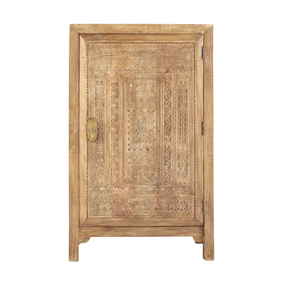 Intaglio Carved Mango Wood 2-Door Wardrobe Storage Almirah Cupboard for Cloths (Natural Finish)