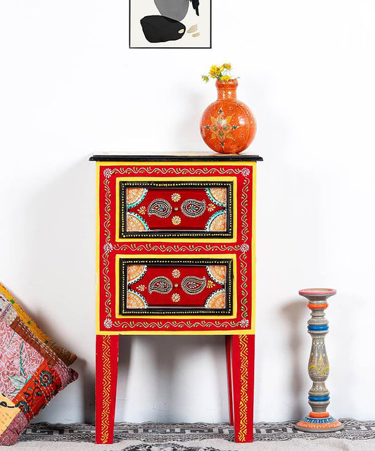 Hand-Painted Wooden Side Table – Artistic Bedside Table with Drawer Storage for Living Room, Bedroom & Home Décor (Multicolor)