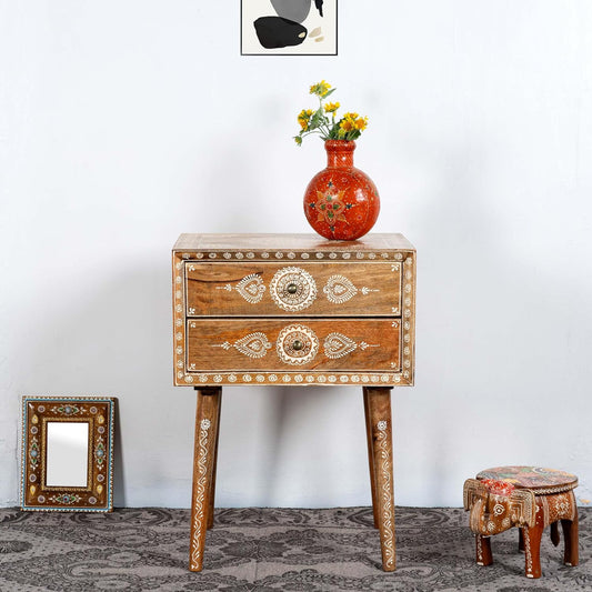 Wooden Handpainted Side Table with Drawer Storage Portable Bedside End Table (Natural)