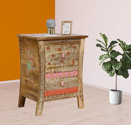 Wooden Handpainted Side Table with Drawer Storage Portable Bedside End Table (Multicolor)
