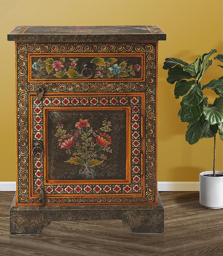 Wooden Handpainted Side Table with Door & Drawer Storage Portable Bedside End Table (Multicolor)