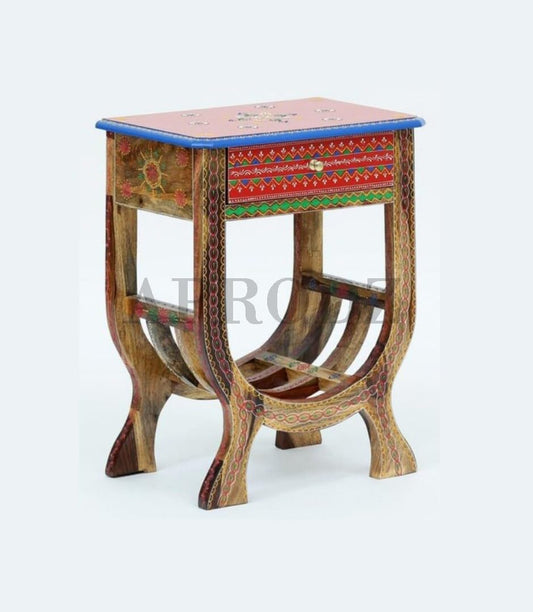 Wooden Handpainted Side Table with Drawer Storage Portable Bedside End Table (Multicolor)