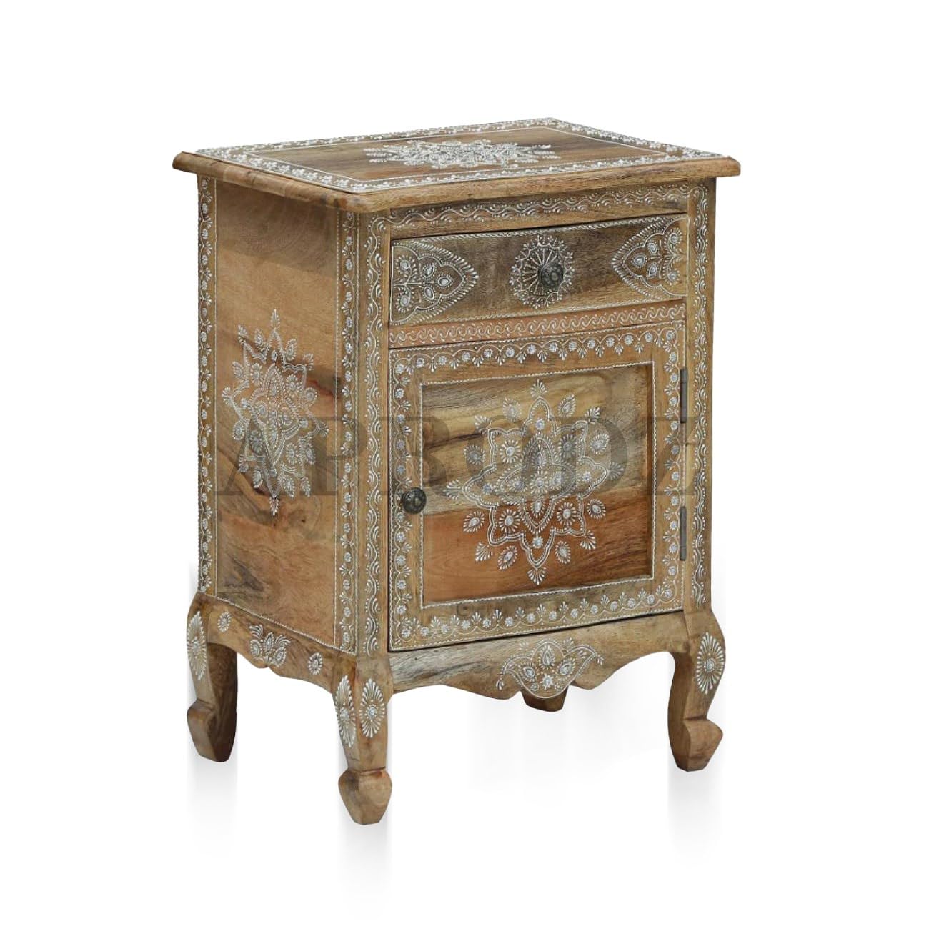 Wooden Handpainted Side Table with Door & Drawer Storage Portable Bedside End Table (Multicolor)
