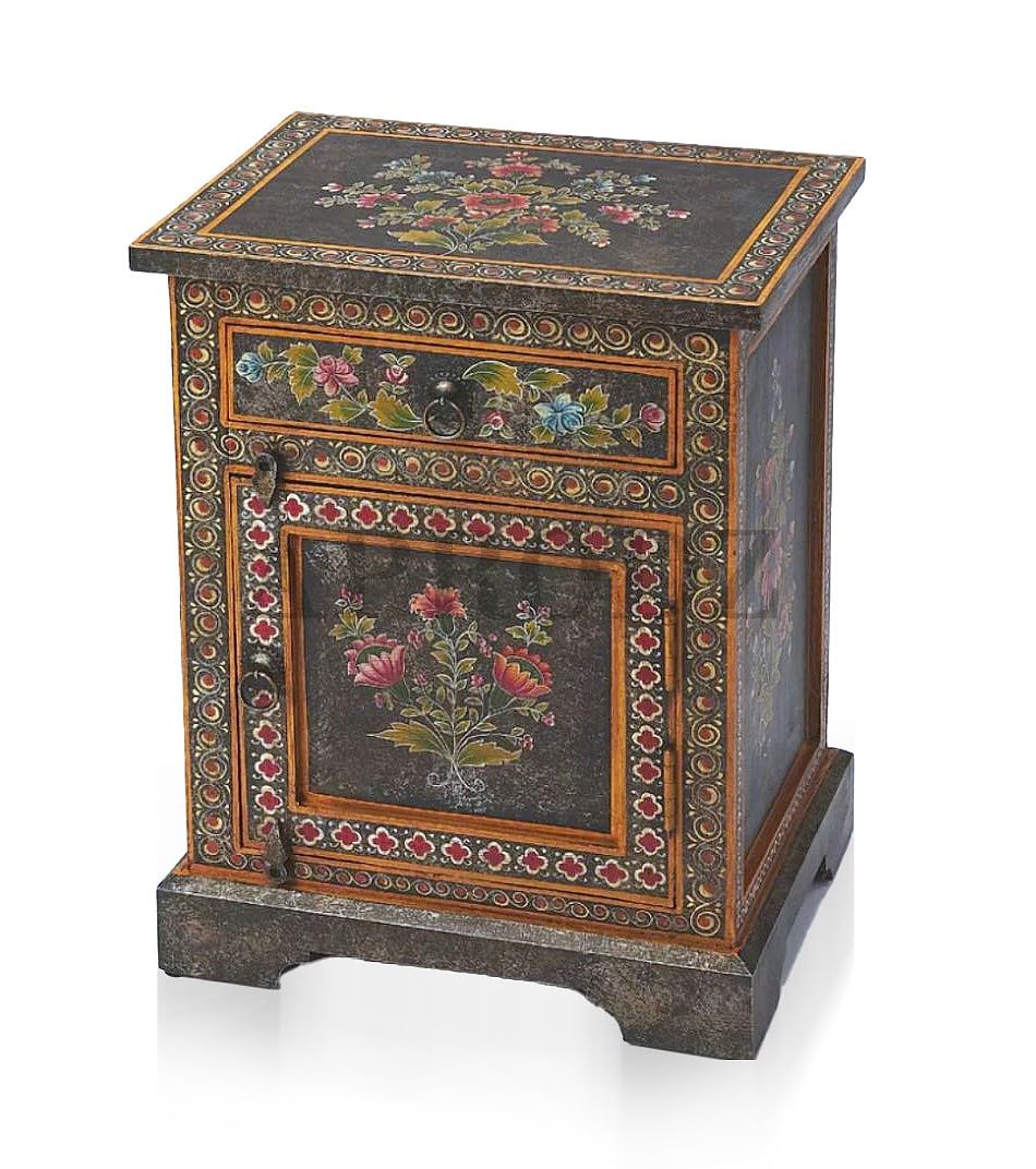 Wooden Handpainted Side Table with Door & Drawer Storage Portable Bedside End Table (Multicolor)