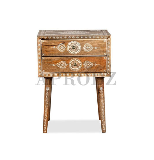 Wooden Handpainted Side Table with Drawer Storage Portable Bedside End Table (Natural)