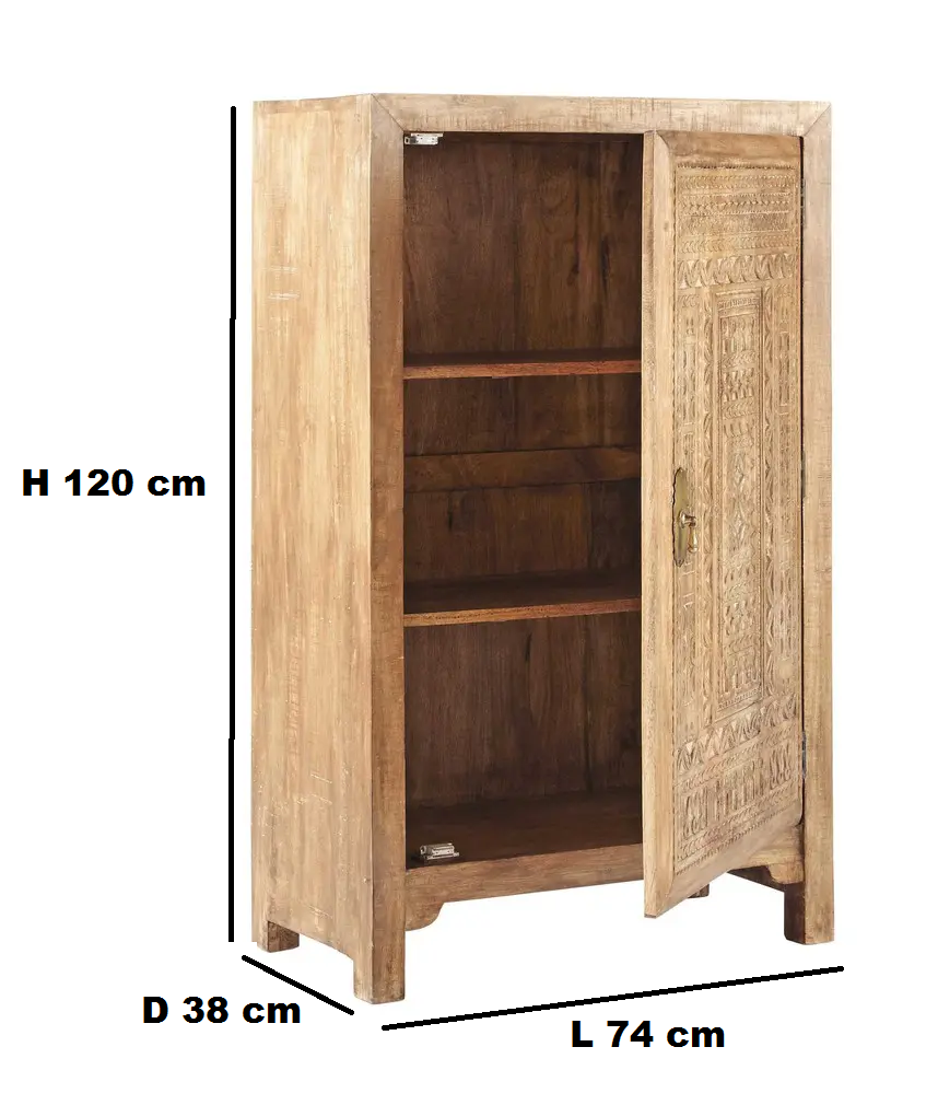 Intaglio Carved Mango Wood 2-Door Wardrobe Storage Almirah Cupboard for Cloths (Natural Finish)