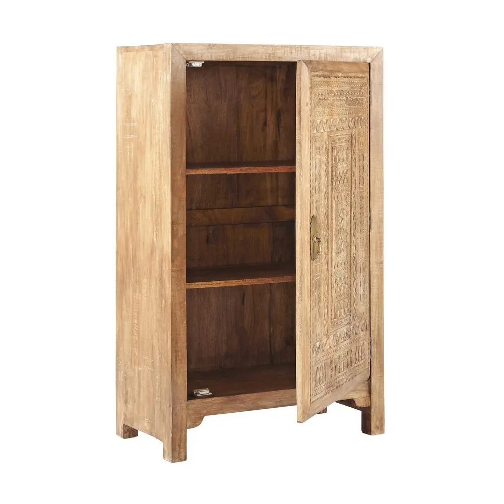 Intaglio Carved Mango Wood 2-Door Wardrobe Storage Almirah Cupboard for Cloths (Natural Finish)