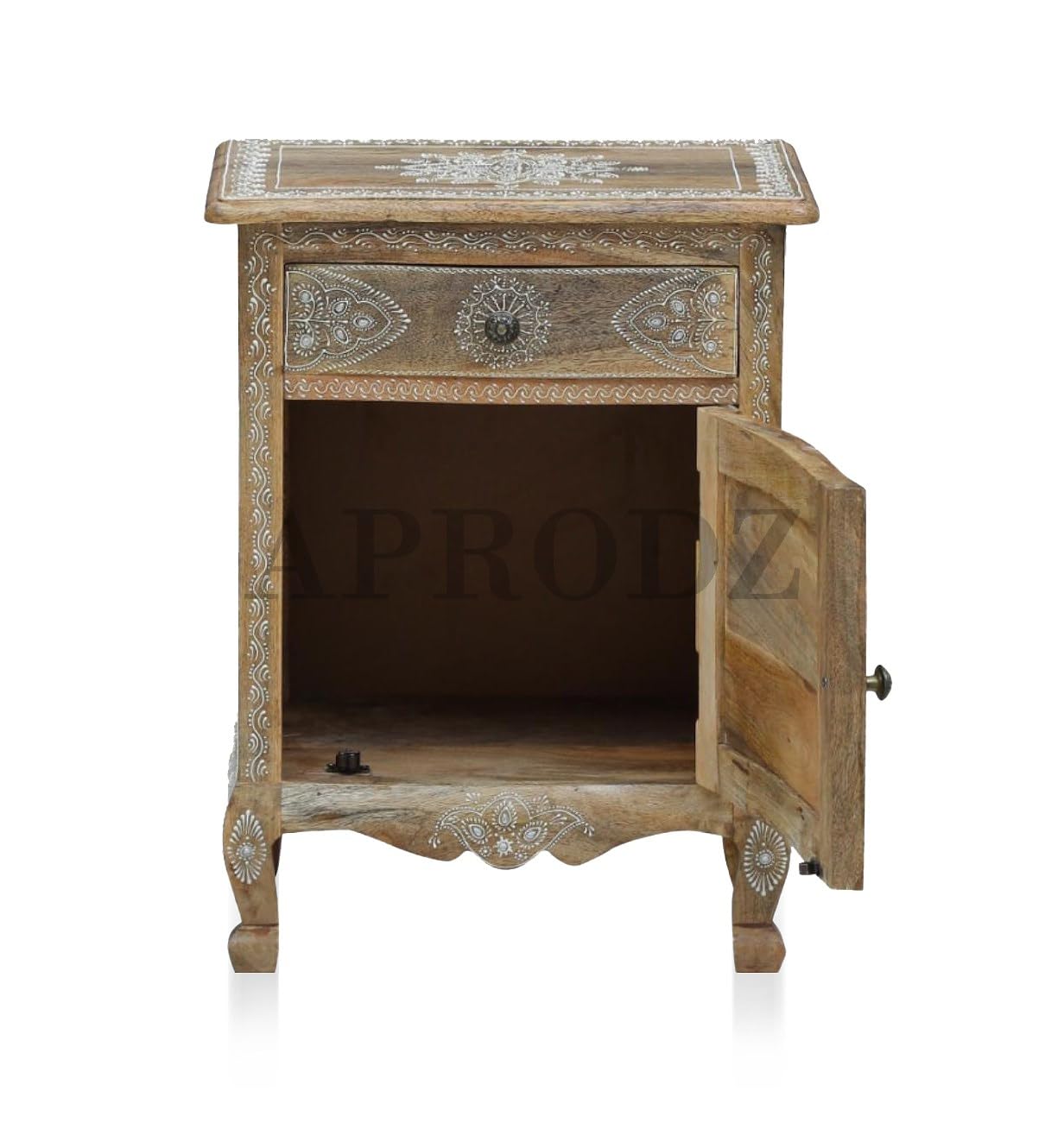 Wooden Handpainted Side Table with Door & Drawer Storage Portable Bedside End Table (Multicolor)