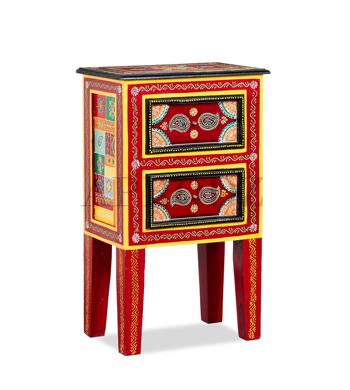 Hand-Painted Wooden Side Table – Artistic Bedside Table with Drawer Storage for Living Room, Bedroom & Home Décor (Multicolor)