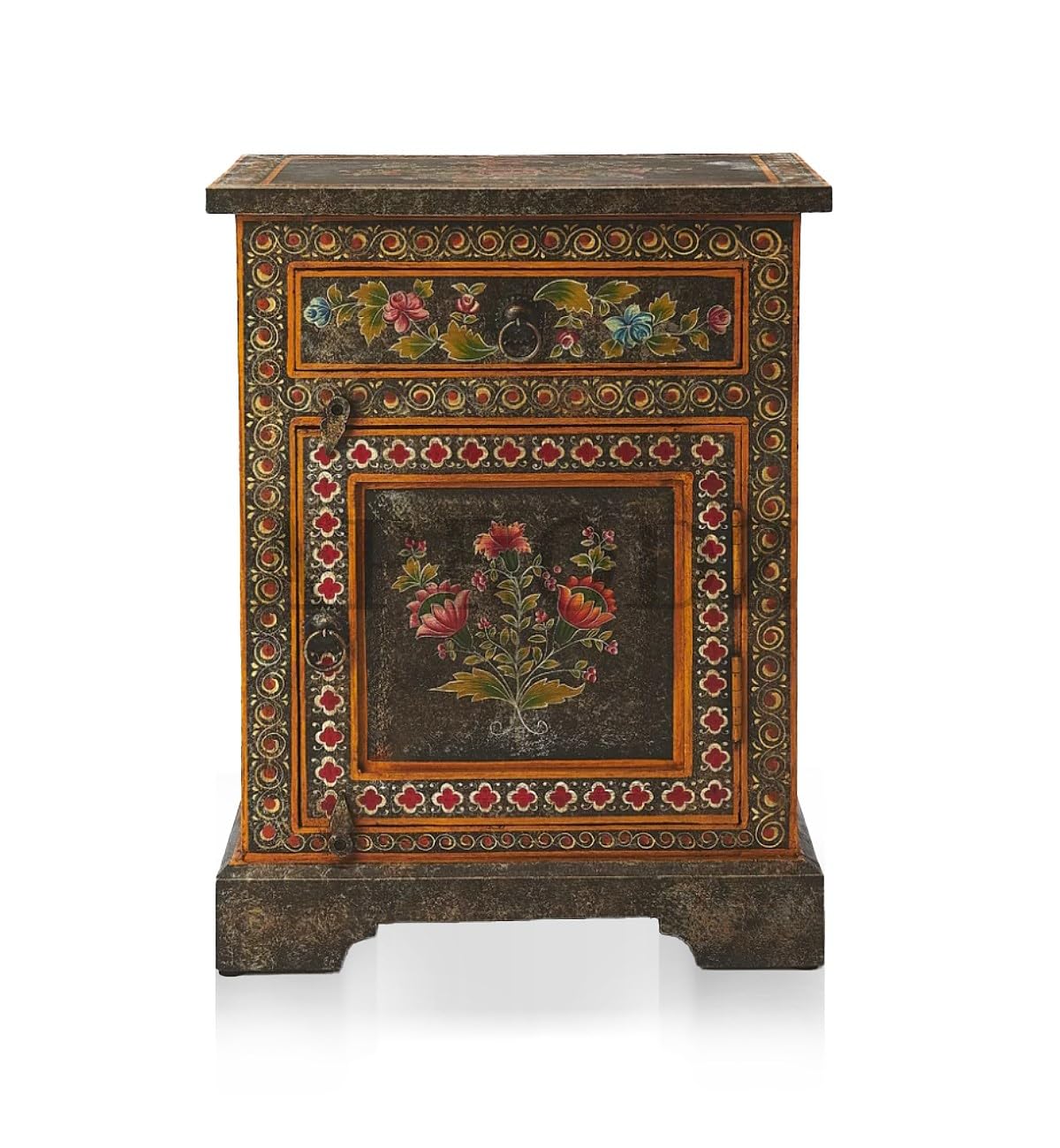 Wooden Handpainted Side Table with Door & Drawer Storage Portable Bedside End Table (Multicolor)