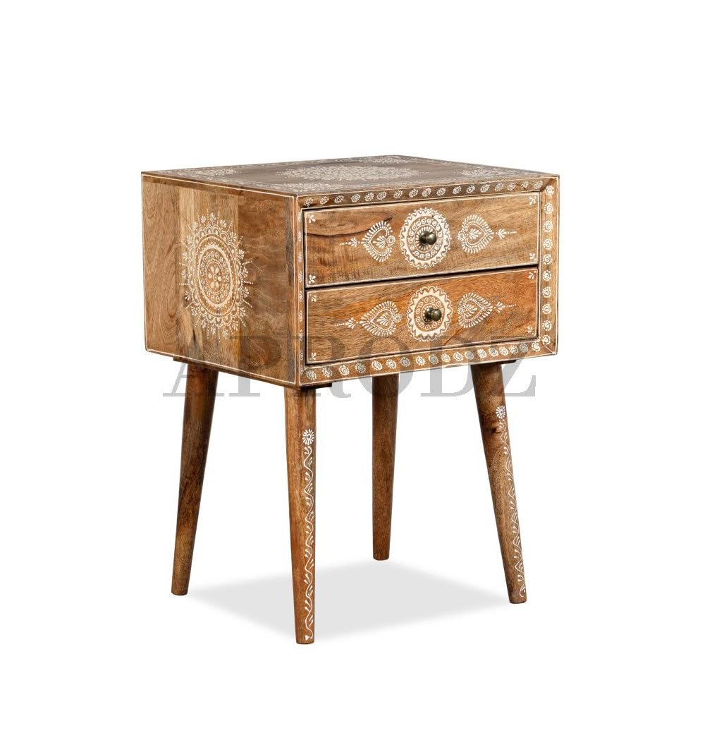 Wooden Handpainted Side Table with Drawer Storage Portable Bedside End Table (Natural)