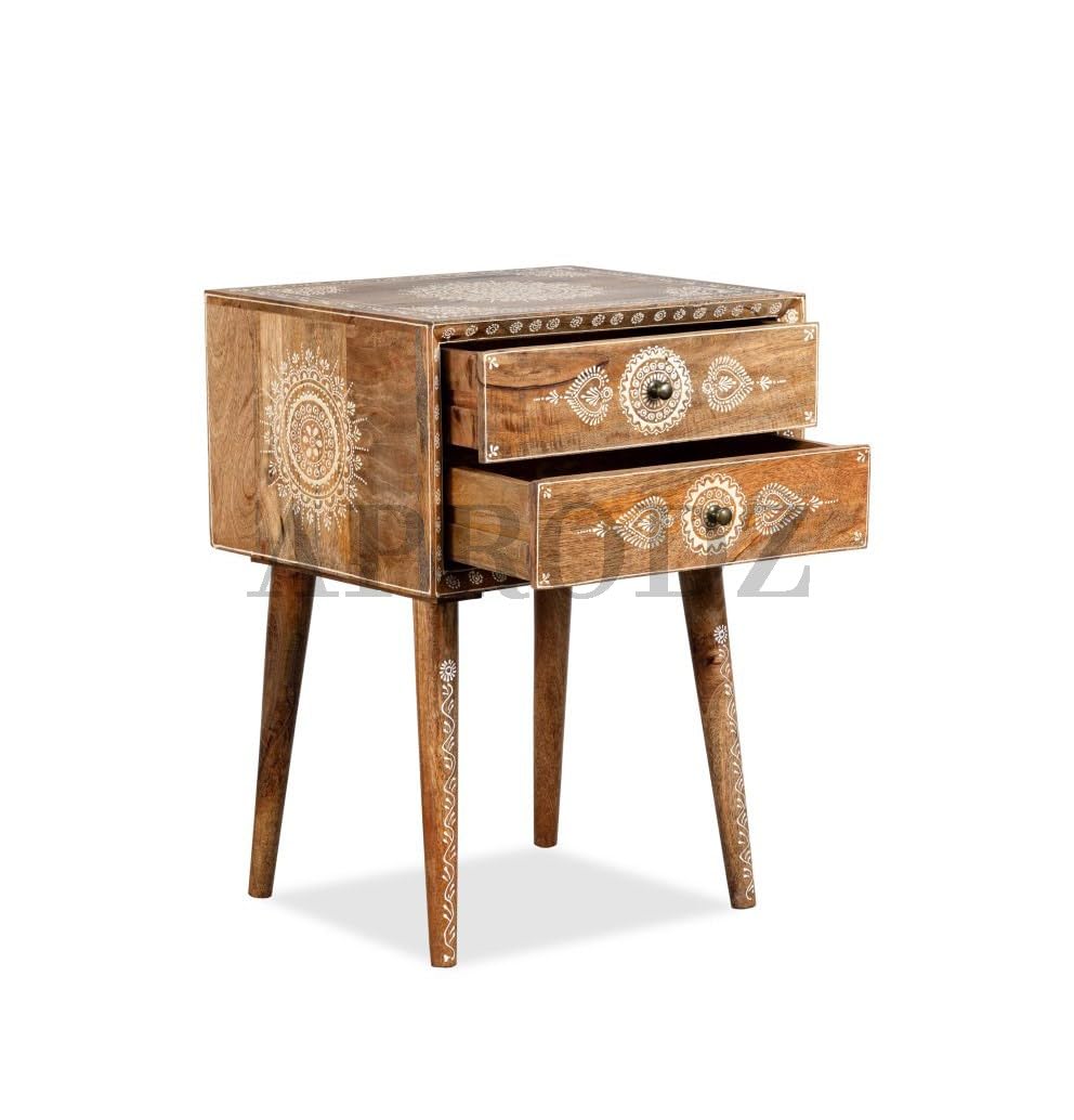 Wooden Handpainted Side Table with Drawer Storage Portable Bedside End Table (Natural)